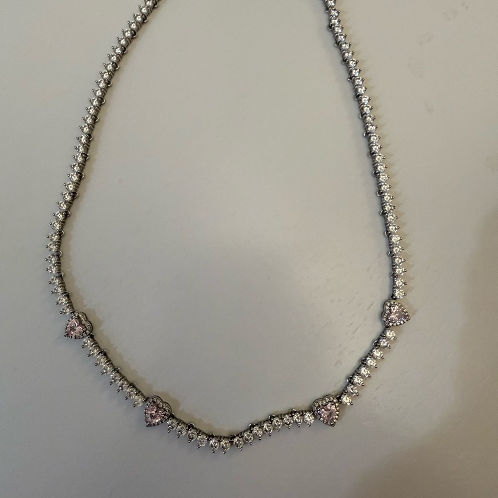 Elegant Silver with Pink Heart Tennis Necklace as seen in Vogue - Picture 2 of 6